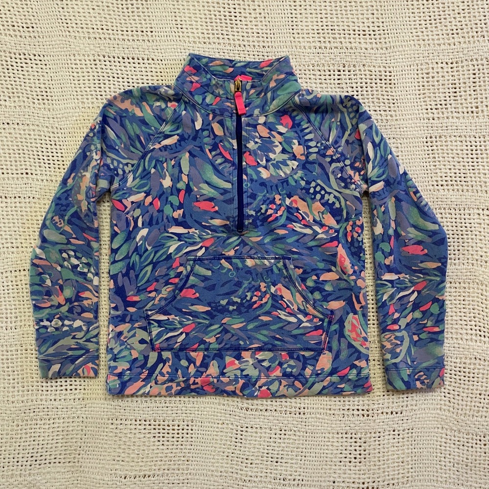 Lilly Pulitzer Girls Blue Pink Floral Quarter Zip Sweatshirt Size M 8-10